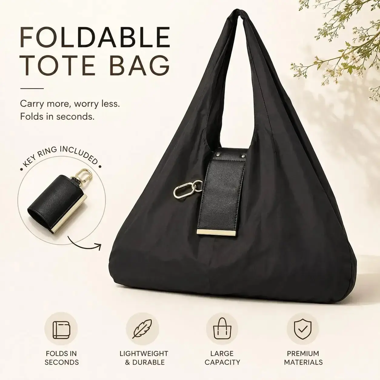 Compact Foldable Keychain Tote Bag, Expandable Reusable Grocery Shopping Bag with Key Ring, Portable Carryall for Travel, Daily Errands & On-the-Go Use