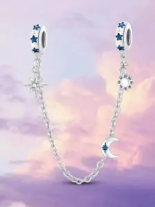New Original Silver Color Charm DIY Beads Sun Moon Stars Blue Star Safety Chain Five-pointed Star Pattern Crescent Moon Shining Night Sky Five-star Galaxy Beads Women's DIY Jewelry Making Fantasy Model Suitable for Starry Sky Theme Party Night Activities