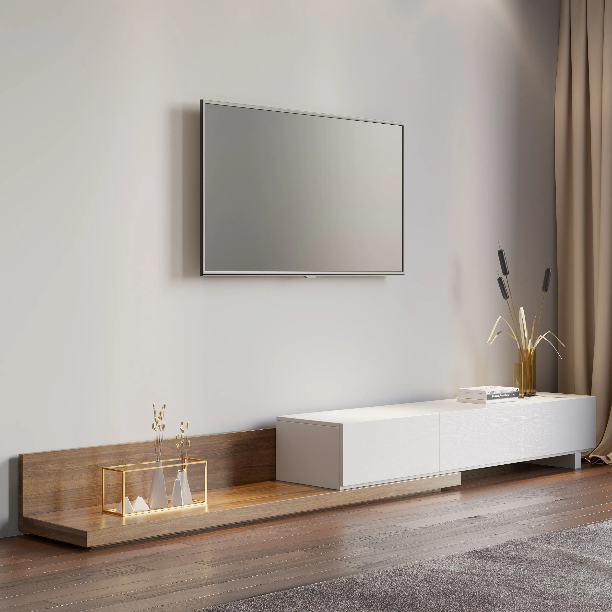 Homary Modern Walnut Rectangular Extendable TV Stand - TV Console Table with 3 Drawers, Adjustable Length (84"-110")