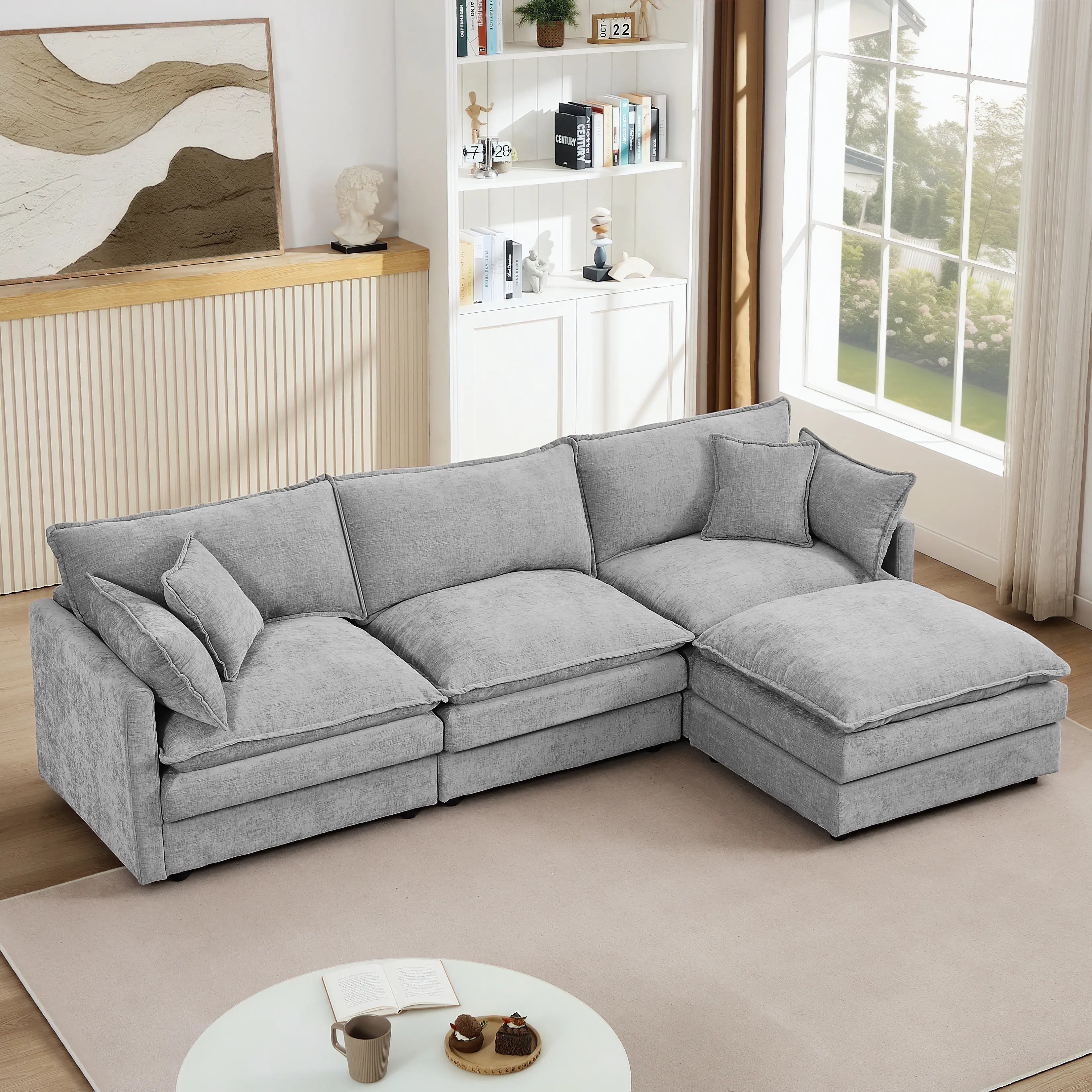 102" Oversized L-Shaped Sturdy Chenille Sofa Settee - 3-Seater Comfy Couch with 2-Layer Seat Cushions, Spring System, Cloud Support, Movable Ottoman, Easy Setup DIY Modern Living Room Indoor Furniture