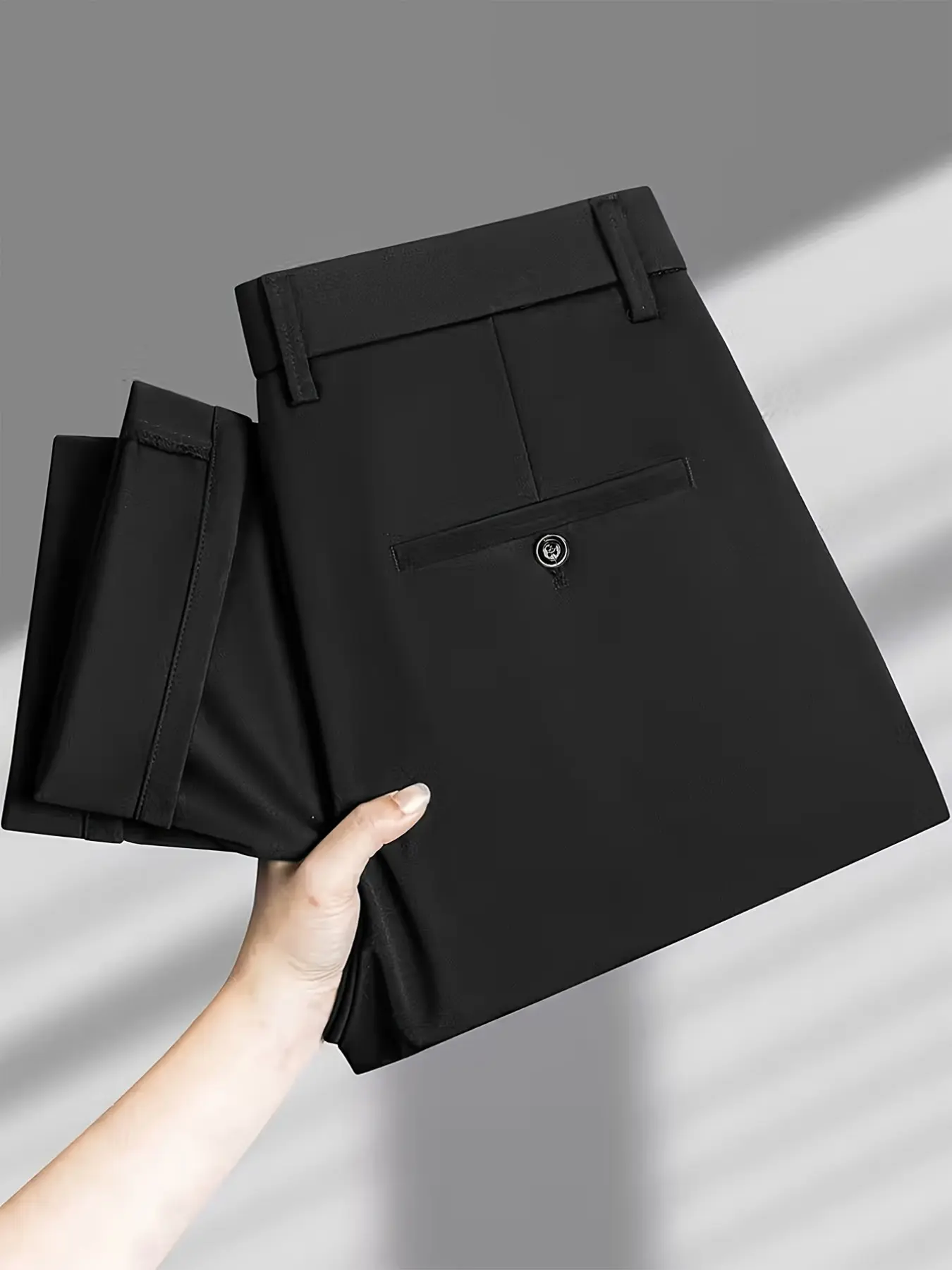 Men's New Loose Straight Leg Elastic Solid Business Trouser Pants, Casual Office Wear, Long Regular Fit, Zipper Fly, Pockets, Natural Waist