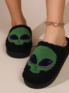 Funny Cute Alien Embroidered Plush Slippers, Fun Outer Space Design, Soft Warm Fleece Lining, Non-Slip Thick Sole, Indoor Bedroom Use