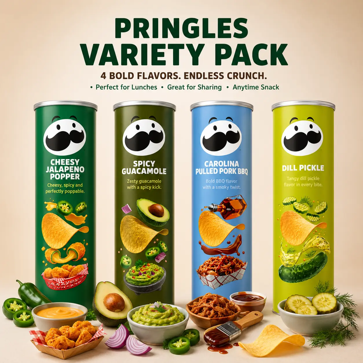 Pringles Potato Crisps Chips Variety Pack, Cheesy Jalapeño Popper, Spicy Guacamole, Carolina Pulled Pork BBQ & Dill Pickle, 5.5 oz Canisters (Pack of 4)