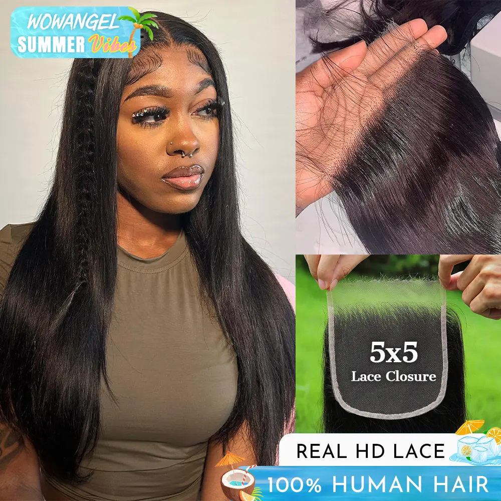 WOWANGEL 5X5 HD Lace Closure Real Human Hair Pre Plucked Natural Hairline Bleached Knots Straight Body Wave  #SummerVibes