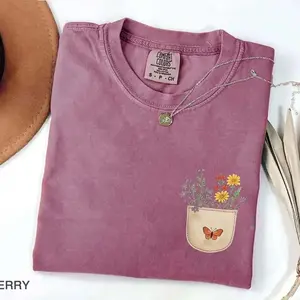 Comfort Colors Wildflower Pocket T-Shirt, Butterfly Floral Graphic Tee, Cottagecore Nature Aesthetic Shirt, Cute Flower Shirt, Nature Lover Gift, Casual Everyday Wear - AL
