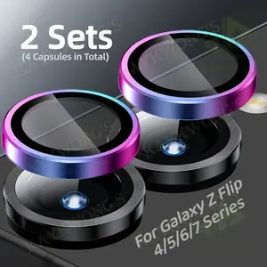 KAYKWONG'S 2-Pack Mobile Phone Lens Protector Set for Samsung Galaxy Z Flip 4/5/6/7 Series, Full Coverage Metal Ring + 9h Tempered Glass Film, Camera Protection Cover