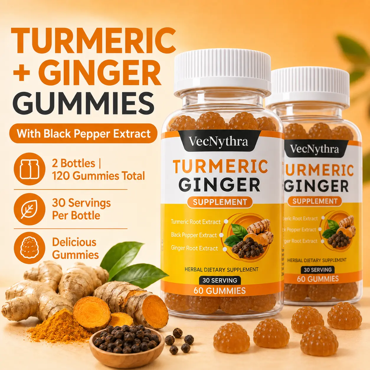 VecNythra Turmeric & Ginger Gummies with Black Pepper Extract, 2-Pack, 120 Gummies, 60-Day Supply