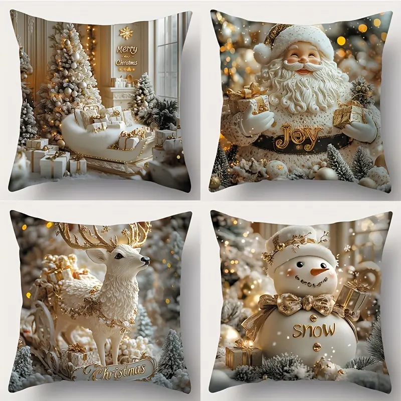 4pcs, Festive Christmas Throw Pillow Covers, Contemporary Christmas Pillowcase - Gold Santa, Reindeer & Snowman Designs, Home & Kitchen Decor, Home Decorative Cushion, Holiday Pillowcases for Living Room, Single Sided Printing, No Pillow Core