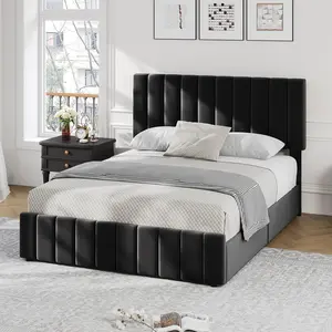 Garvee Full Size Bed Frame with 4 Storage Drawers, Linen Upholstered Platform Bed Frame with Adjustable Headboard, Strong Wooden Slats, Noise Free, No Box Spring Needed, Easy Assembly, Black