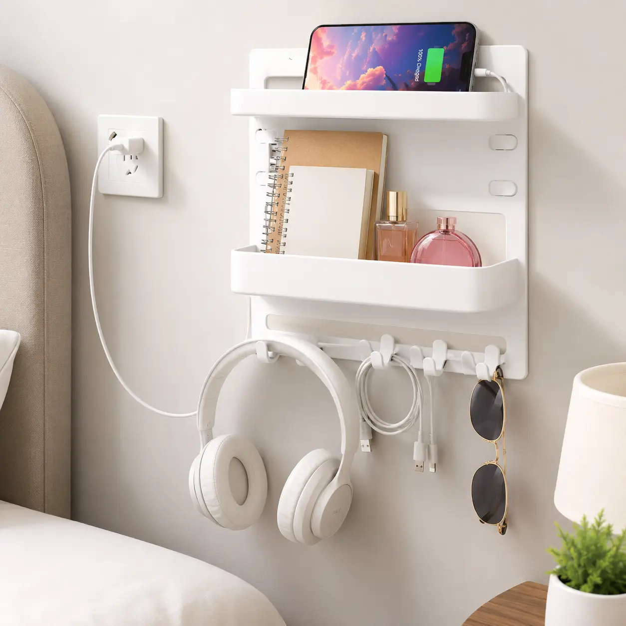Bedside Charging Organizer for Wall, Space-Saving Shelf with Phone Stand, Headphone Hanger and Cable Storage