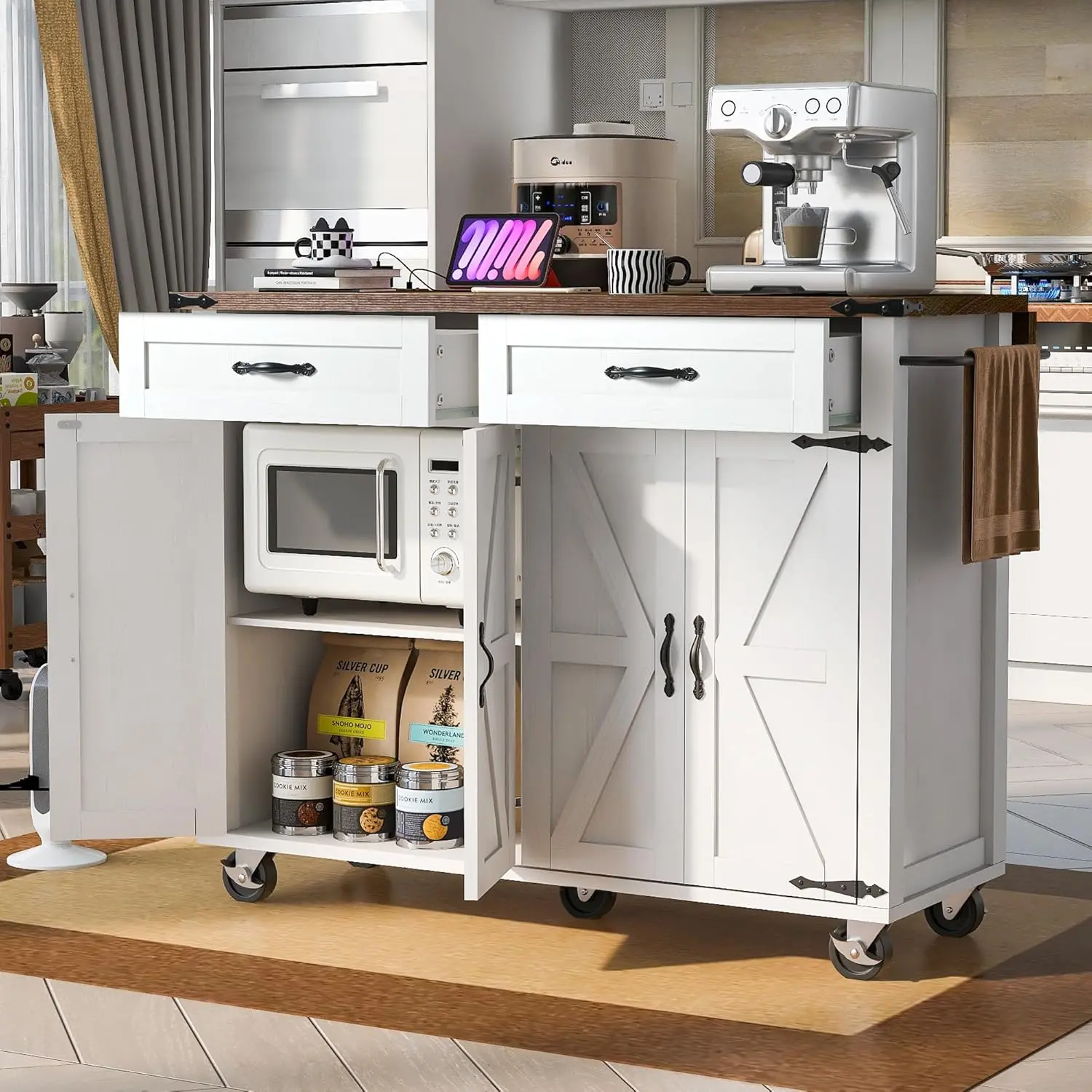 White Sturdy Farmhouse Wood & Laminate Kitchen Island Cart (53.5x28.75x36.5 in) - 400 lbs Capacity, 2 USB Ports, 2 AC Outlets, Drop Leaf, Spice Rack, Drawer, Rolling Wheels, Eco-Friendly Coffee Bar for Home Dining Room