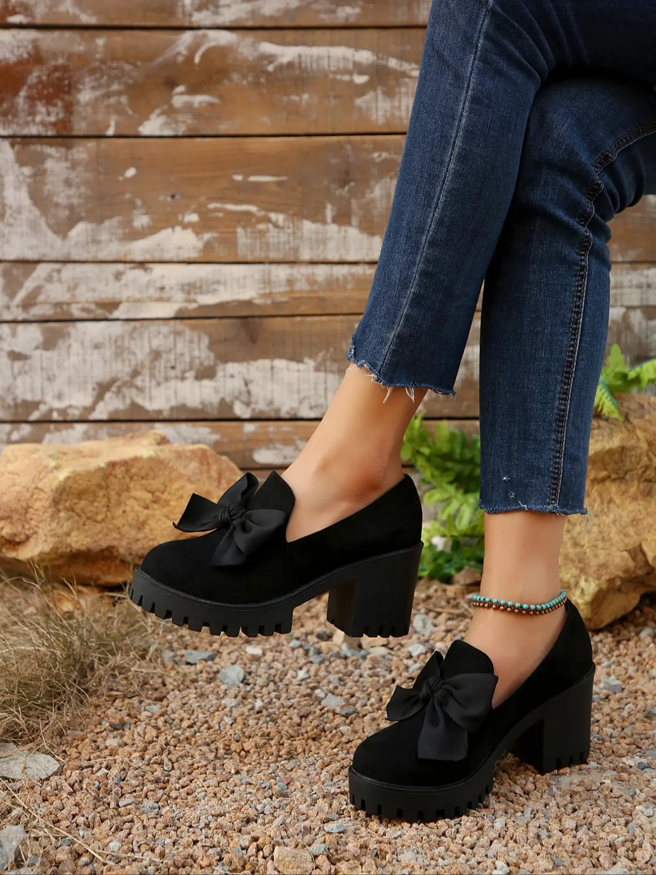Women's Black Suede Platform Slip On Thick Sole Loafers with Bow & Metallic Detail, Fashion-Forward Casual Footwear, Versatile Edgy Commuting Shoes, Female All-match Trendy Loafers for Daily Outings, Office & Street Style Looks, Flatform Loafers