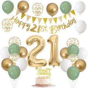 21st Birthday Decorations for Him Her, Happy Banner With Cake Topper Number 21 Foil Balloon, Sage Green White Gold Balloons for Men Women 21 Year Old Party Decoration