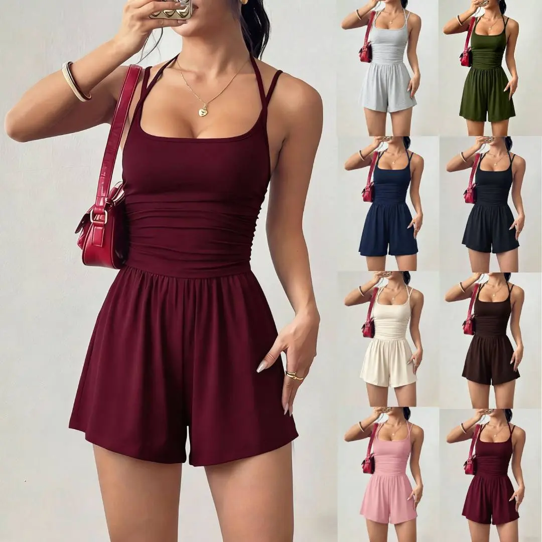 European and American women's summer new solid color suspender women's casual bandeau jumpsuit summer wide leg loose