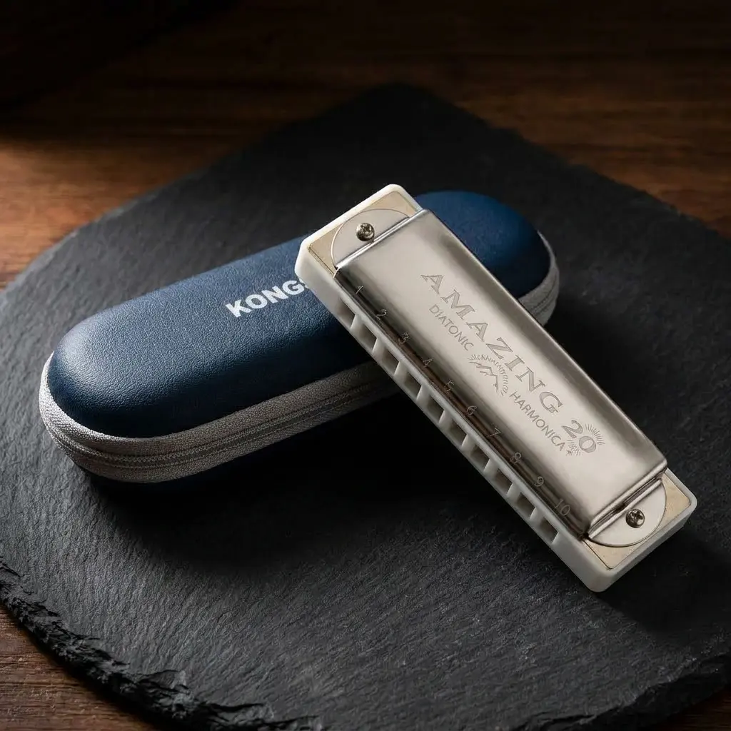 KONGSHENG AM20 10-Hole White Diatonic Harmonica - Richter Tuning, Bright Tone, Durable, Stainless Steel Covers, Ideal Gift for Musical Instrument Enthusiasts