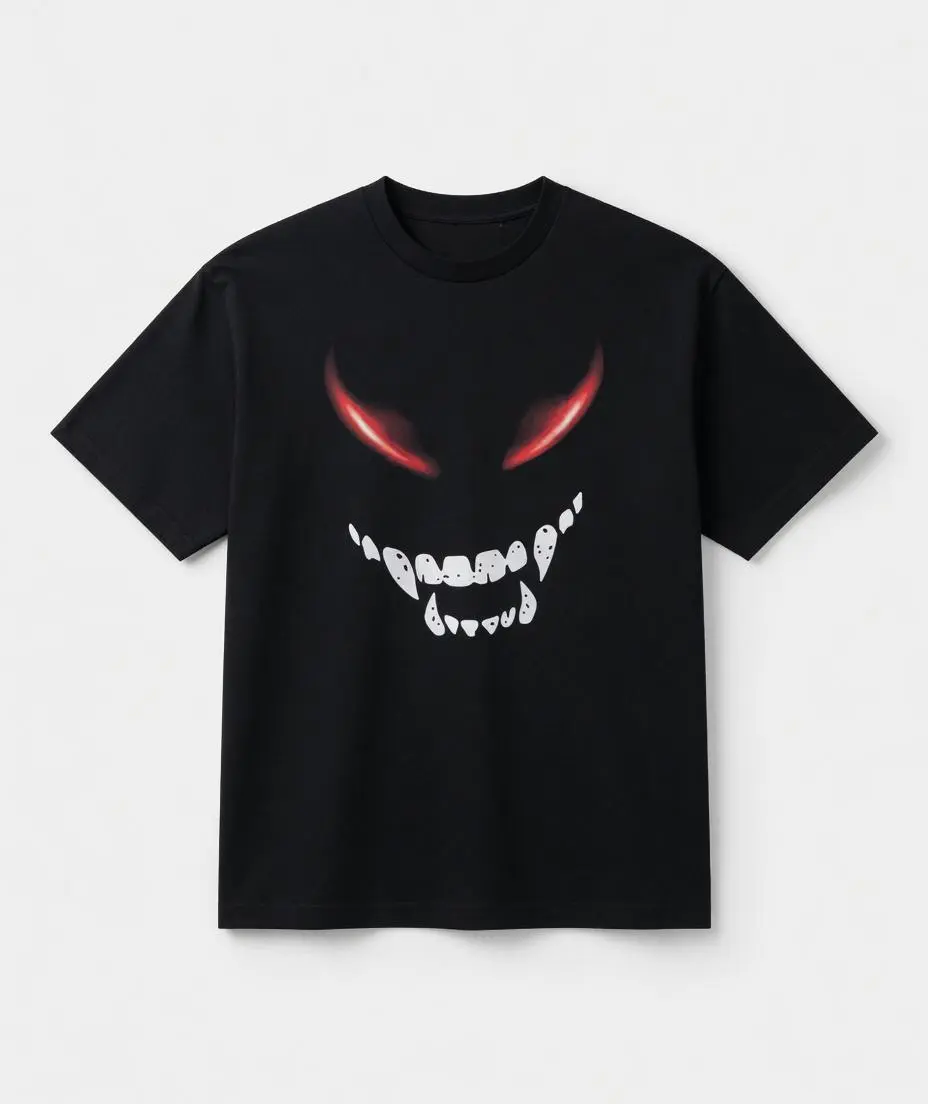 Unisex Graphic T-Shirt with Horror Demon Smile Print, Breathable 100% Cotton Fabric, Comfortable Oversized Fit for Streetwear, Shortsleeve, Gothic, Halloween, Round Neck, Casual