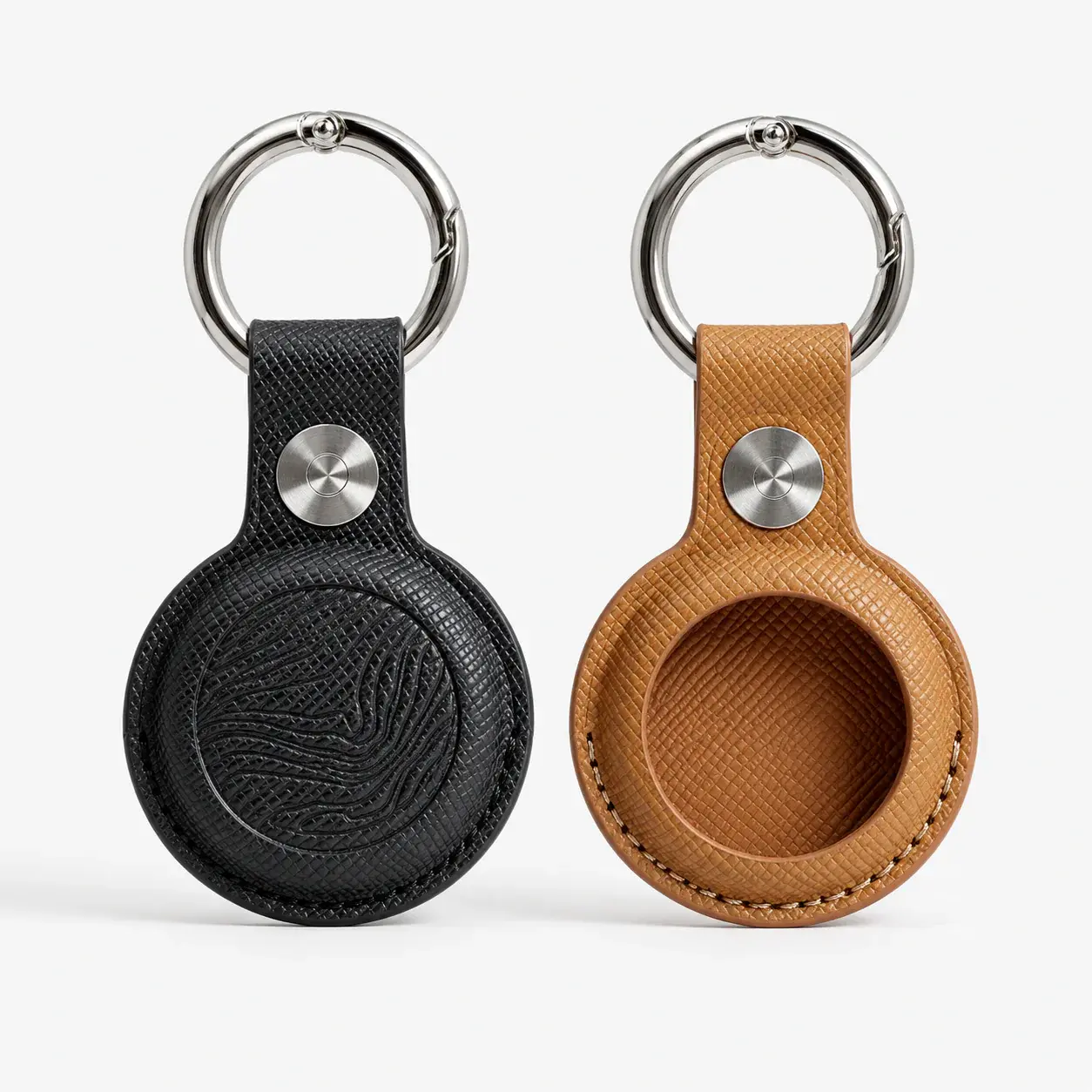 Premium Saffiano Leather AirTag Keychain Holder, Steel-Constructed, Compatible with Apple AirTag Map Tracking Functionality