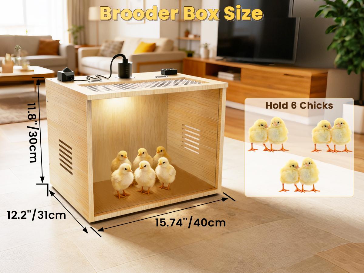 Brooder Box for Chicks, 16 Inch Wooden Chicken Brooder Box with 75W Heat Lamps, Thermometer and Tin Foil, Poultry Breeding Kit, Ideal for 5-7 Newborn Chicks Ducks Quails Hamsters, Small