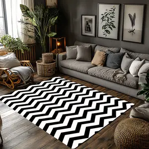 Black White Chevron Stripes Crystal Velvet Area Rug Non‑Slip Minimalist Modern Living Room Rug#ChevronStripesRug #MinimalistHomeDecor #BlackWhiteRug #GeometricPatternCarpet #CrystalVelvetRug