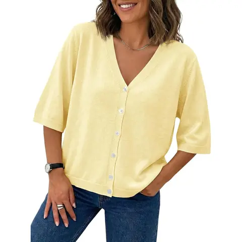 Saodimallsu Women's Basic Loose Short Sleeve V-Neck Button-Down Breathable Lightweight Casual Knit Fabric Cardigan Top - Summer Outdoor Check Piece for Back to School Students