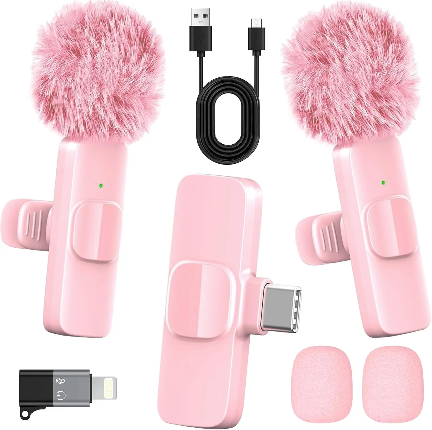 Pink Wireless Lavalier Microphone - Bluetooth Lapel Mic with Receiver for iPhone, Android, Smartphones, Content Creators, Recording, 65ft Range, Noise Cancelling, Plug-and-Play, Cable-Free Clip-On