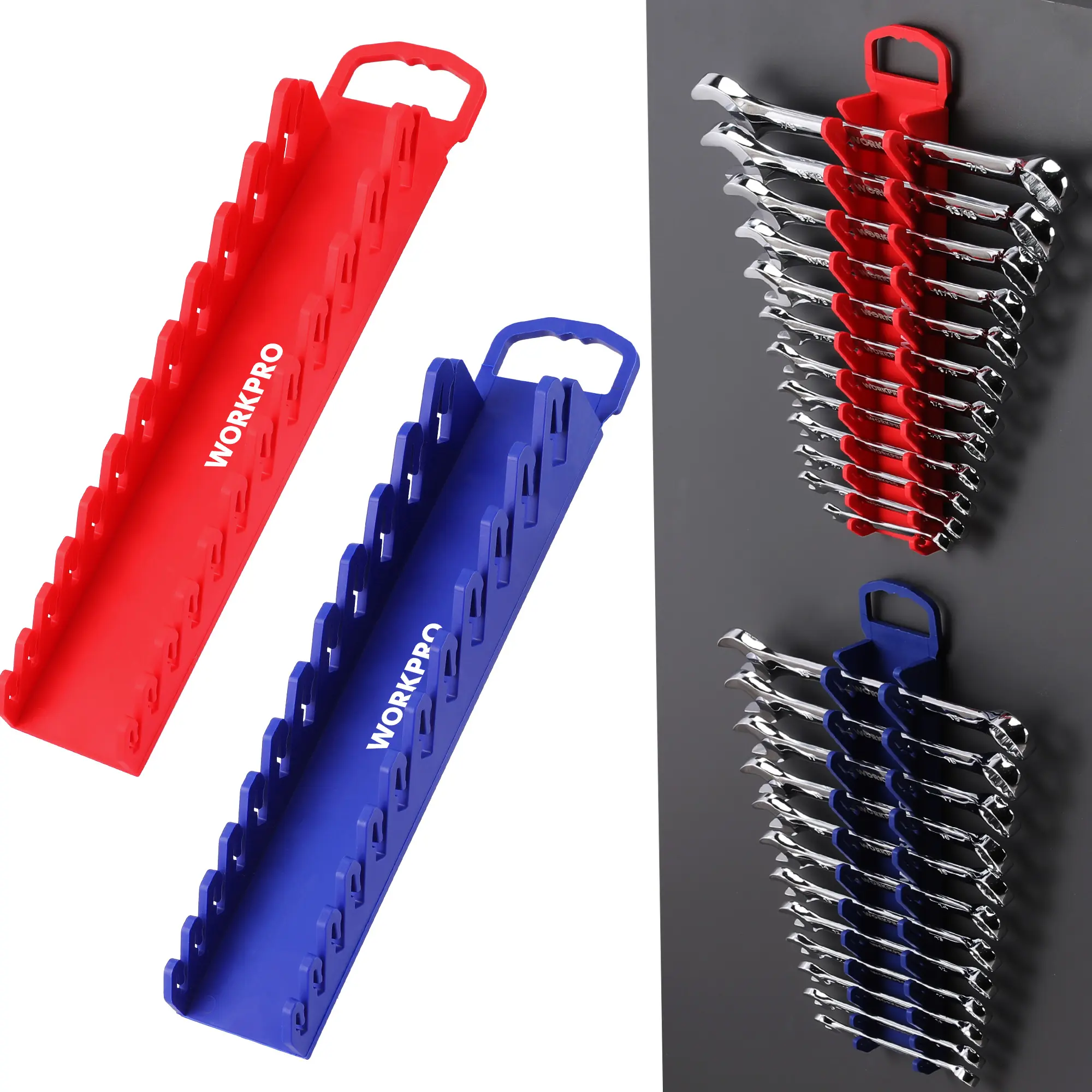 #toolupgrade WORKPRO Magnetic Wrench Organizer, Gripper Wrench Holder for Tool Boxes, Flexible Gripping Teeth and Carrying Handle, Fit for SAE and Metric, Blue, Red