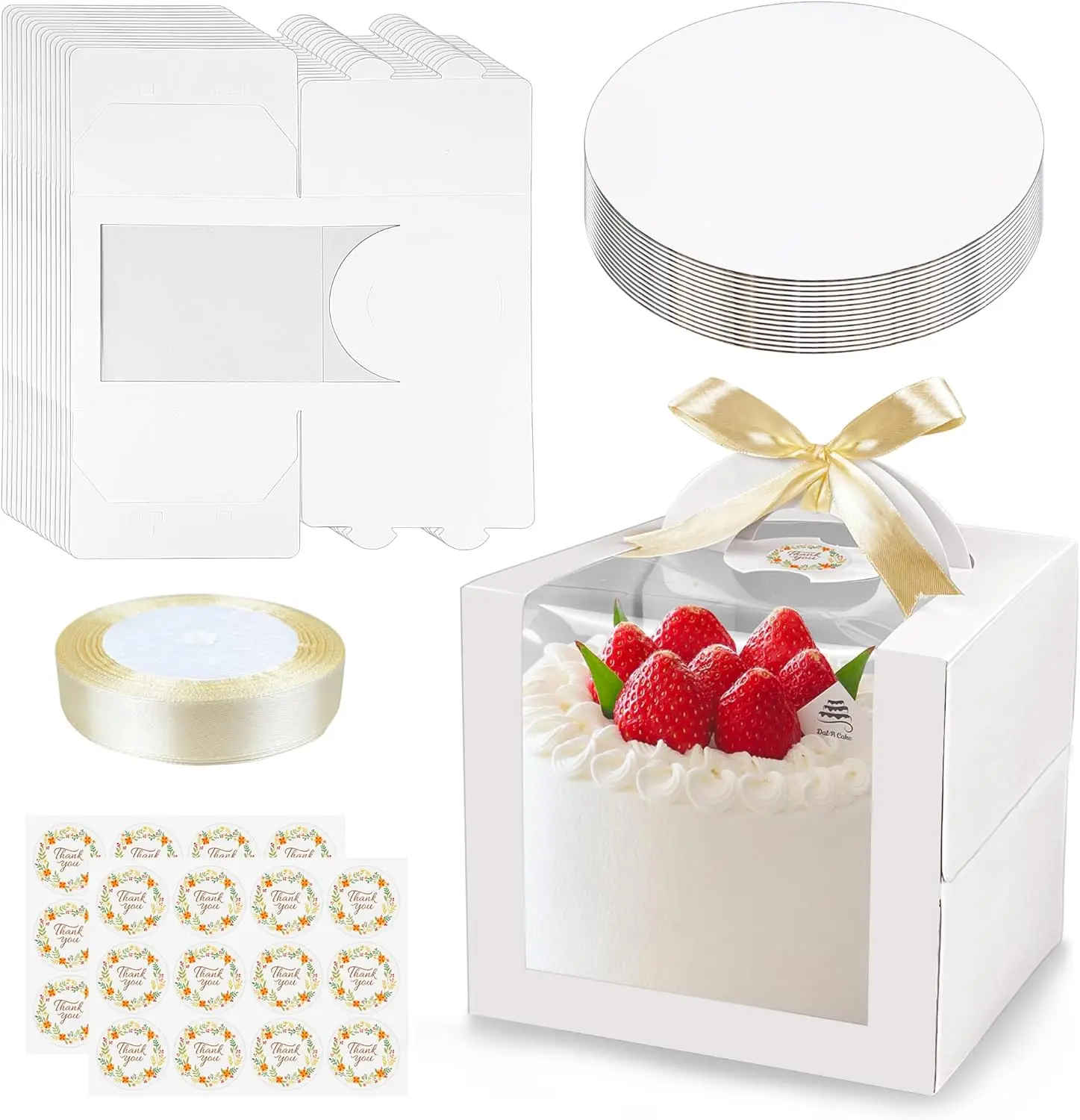 15 PCS Cake Boxes with Carry Handles and Cake Boards White Bakery Boxes with Silk Ribbon and Stickers for Cakes Pastries Birthday Party Wedding