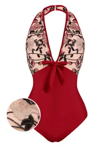 WINE RED 1950S FLORAL BACKLESS SWIMSUIT, Tummy Control Swimsuit, Floral Print Swimsuit