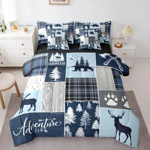 Feelyou 7-Piece Bear Deer Bedding Set - Ultra Soft Rustic Farmhouse Decor Patchwork Mix Comforter, Buffalo Plaid Farmhouse Fitted Sheet, Multi-Size Bed in A Bag for Rustic Cabin Use