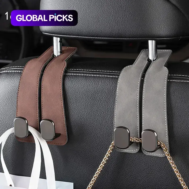 Premium Car Headrest Hooks (4 Pack) - Heavy Duty Aluminum Alloy Seat Organizer, 360° Rotating Leather Hooks for Handbags, Groceries, Black