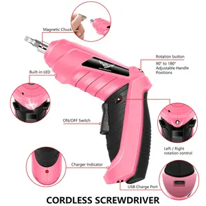 JENABOM 14pcs/47pcs Electric Screwdriver Set: Tool Set with Pink Cordless Power Drill, Home Tool Kit with Drill, Hand Tool Kit for Women, Homeowners, DIY Enthusiasts, and Repairers, Power Tools