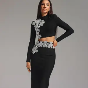 BellaBarnett Ulama Choker Long Sleeve Diamond Flowers Bandage Maxi Two-Piece Set