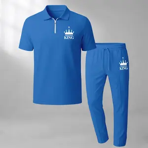 Mens King Print Waffle Knit Fabric Zip Collar Polo Short Sleeve and Long Pants Two Piece Set Breathable Textured Comfortable Loose Fit Casual Sport Daily Outfit