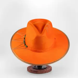 Handcrafted Boho Orange Spirit Hat – Vibrant Suede Fedora with Gold Trim & Jade-Inspired Beads