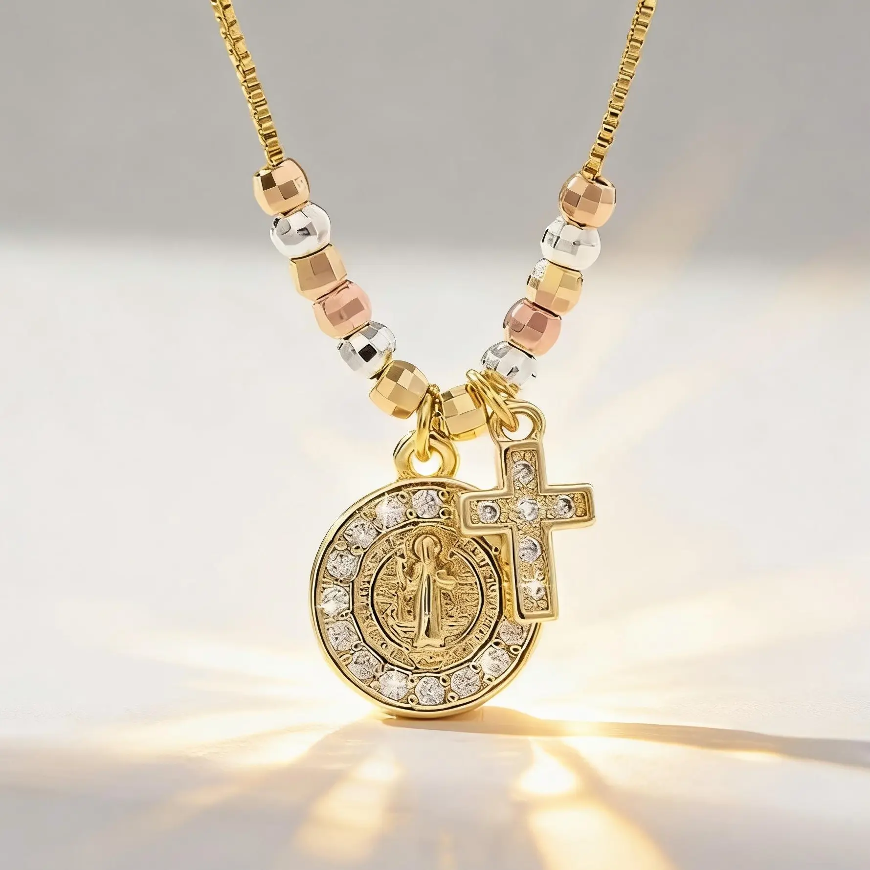 Saint Benedict Medal Necklace for Women Men Gold Plated San Benito Cross Pendant with Cubic Zirconia Religious Christian Jewelry Gift for Baptism Confirmation