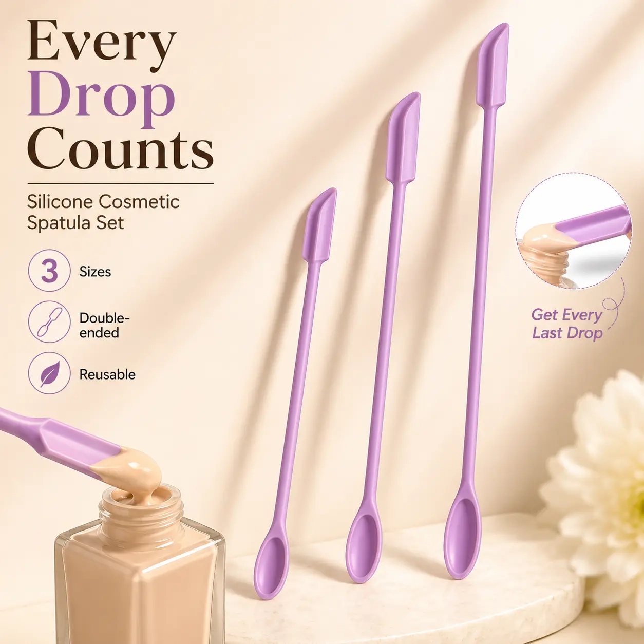 3PCS Double Ended Silicone Spatula Scoop, Hygienic Skincare Cream Applicator Tool, Makeup Jar Spoon for Lotion, Mask & Beauty Products