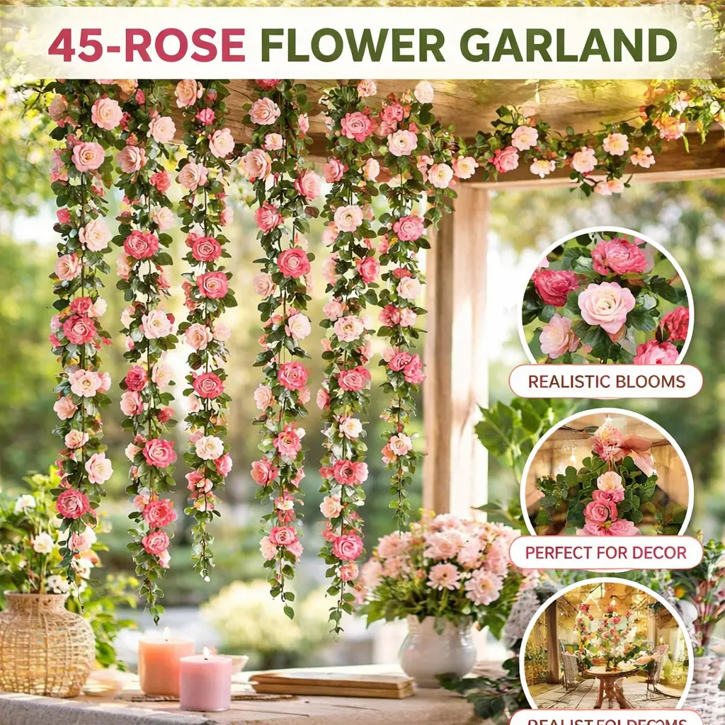 5-Pack Anti-Drop Silk Fake Rose Vine Garland - 41ft/Each 2-Tone Vine-Shape Large Realistic Hanging Rose Ivy for Specialty Kitchen Decor, Weddings, Two-Tone