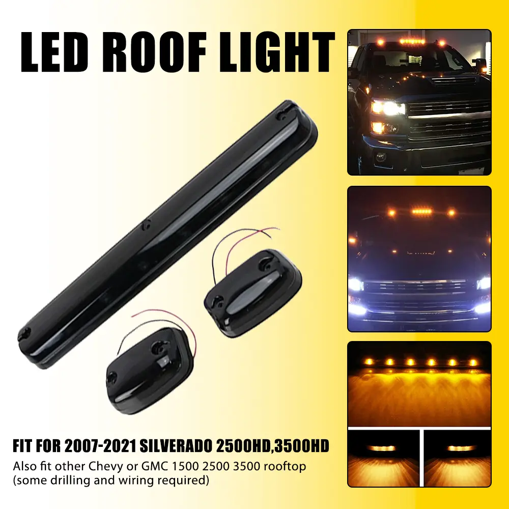 AUTOONE 3PCS Smoke Lens LED Cab Roof Marker Running Lights for 2007–2021 Chevy Silverado GMC Sierra 2500HD 3500HD, Truck Rooftop Clearance Lights, White or Amber Light