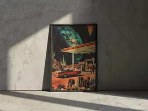 Retro Sci-Fi Gas Station Poster, Vintage Space Art Print, Classic Cosmic Highway Wall Decor, Aesthetic Futuristic Room, Unframed Print Only