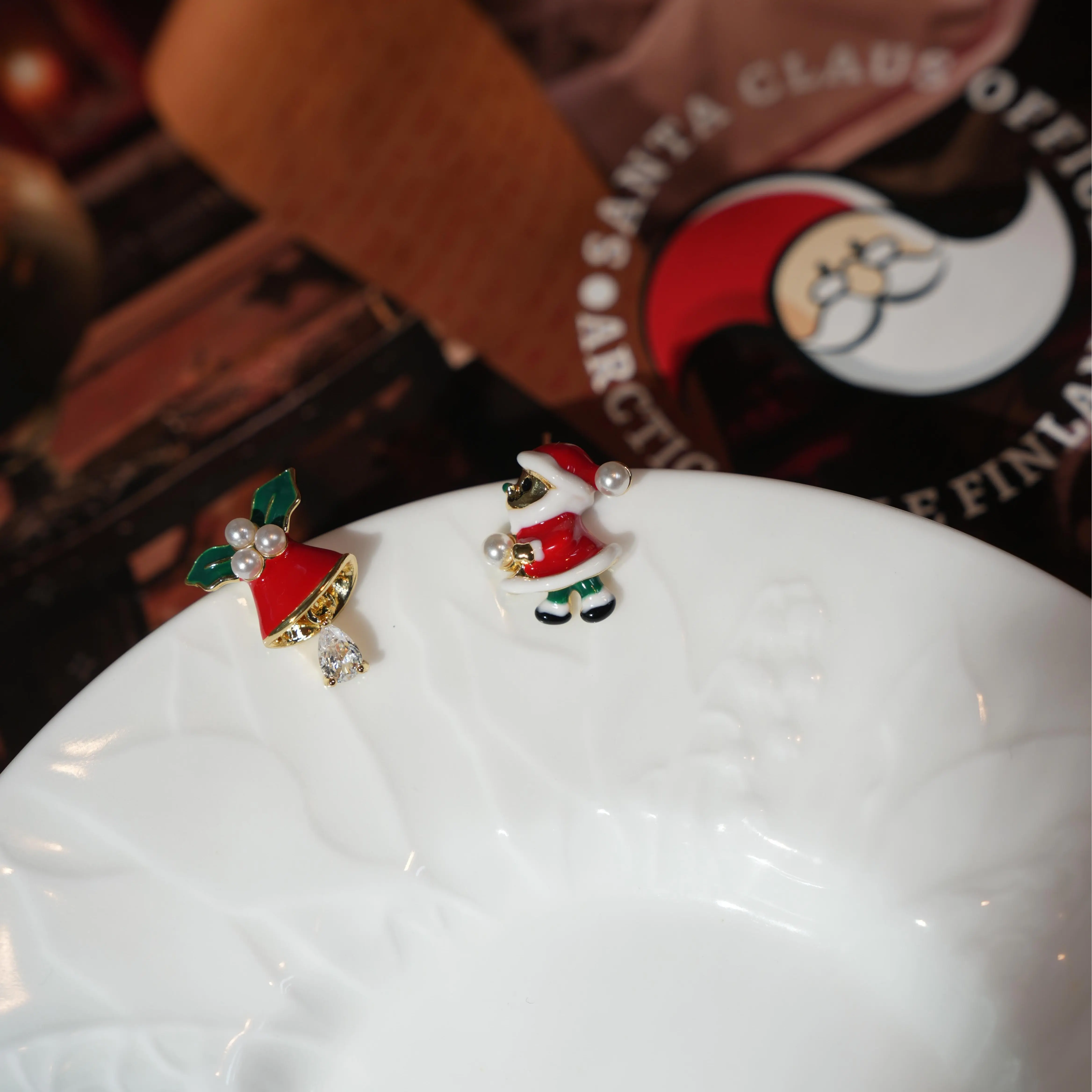 Female Holiday Theme Santa & Bell Stud Earrings, Multi Occasion Festive Costume Jewelry Fashion Accessory