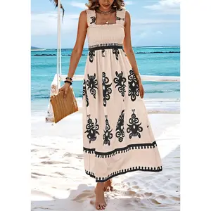 2026 NEW SUMMER Palace Style Printed Square Neck Dress, Elegant Lace Printed Hem, Soft Elastic Body Shaping, Slip Dress, Sleeveless Dress, Suitable For SUMMER, Women's Wear