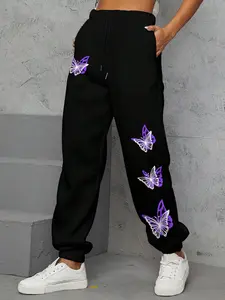 Women's Thick Fleece Lined Butterfly Print Jogger Pants, Casual Loose-Fit Street Style Sweatpants for All Seasons