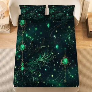3Pcs Emerald Starry Night Fantasy Fitted sheet Three Piece Set (1*Fitted Sheet+2*Pillowcases, Coreless), Festive theme, Galaxy Jewel Bedding Set, Mattress protector Soft, Breathable