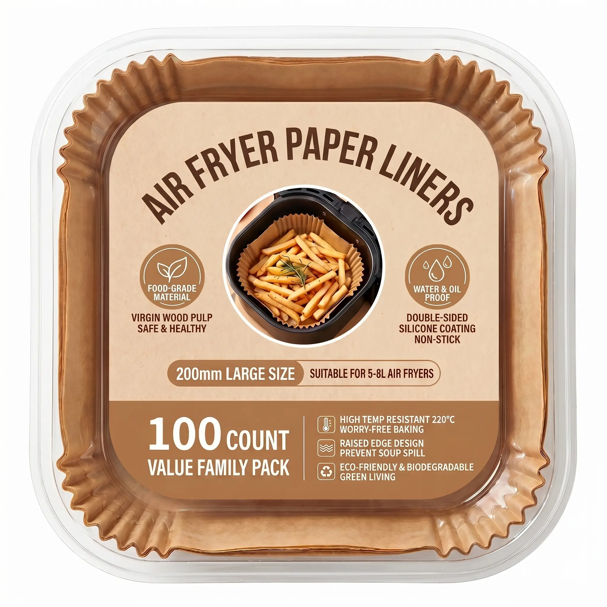 100-Count (100pcs) Parchment Paper Air Fryer Liners, 8" (200mm) Square Eco-Friendly & Biodegradable Baking Liners with Raised Edges for 5-8 QT Baskets, Non-Stick Oil-Proof High-Temp Proof for Hassle-Free Cooking