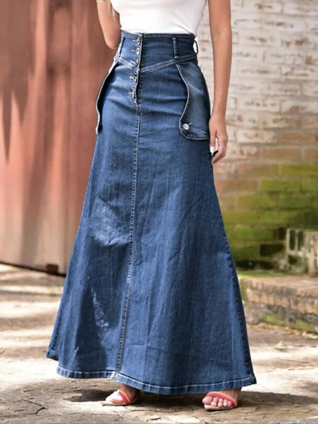 Women's Solid Color Button Fly Denim Skirt, Street Fashion Casual Comfy Maxi Skirt, Button Front Skirt for Daily Outdoor Wear, Ladies Bottoms for Spring & Summer, Womenswear