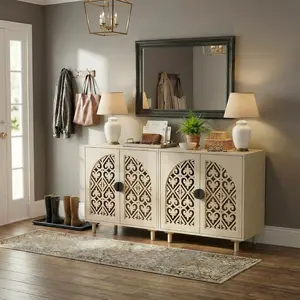 Oakault Hollow Sideboard Buffet Cabinet with Storage, Boho Storage Cabinet with Doors and Shelves, Wood Entryway Cabinet with Hollow Carving Design for Living Room, Kitchen,Hallway, Natural Wood
