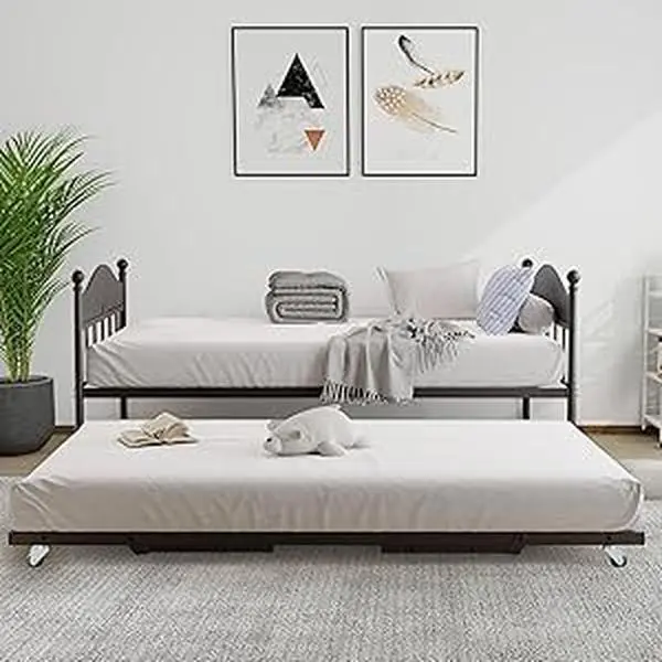 Gaomon Twin Modern Upholstered Daybed with Sturdy Metal Foldable Trundle, Platform Bed Frame, Stylish Headboard Sofa Bed, Space-Saving for Living Room, Bedroom, Modern Upholstered Bed