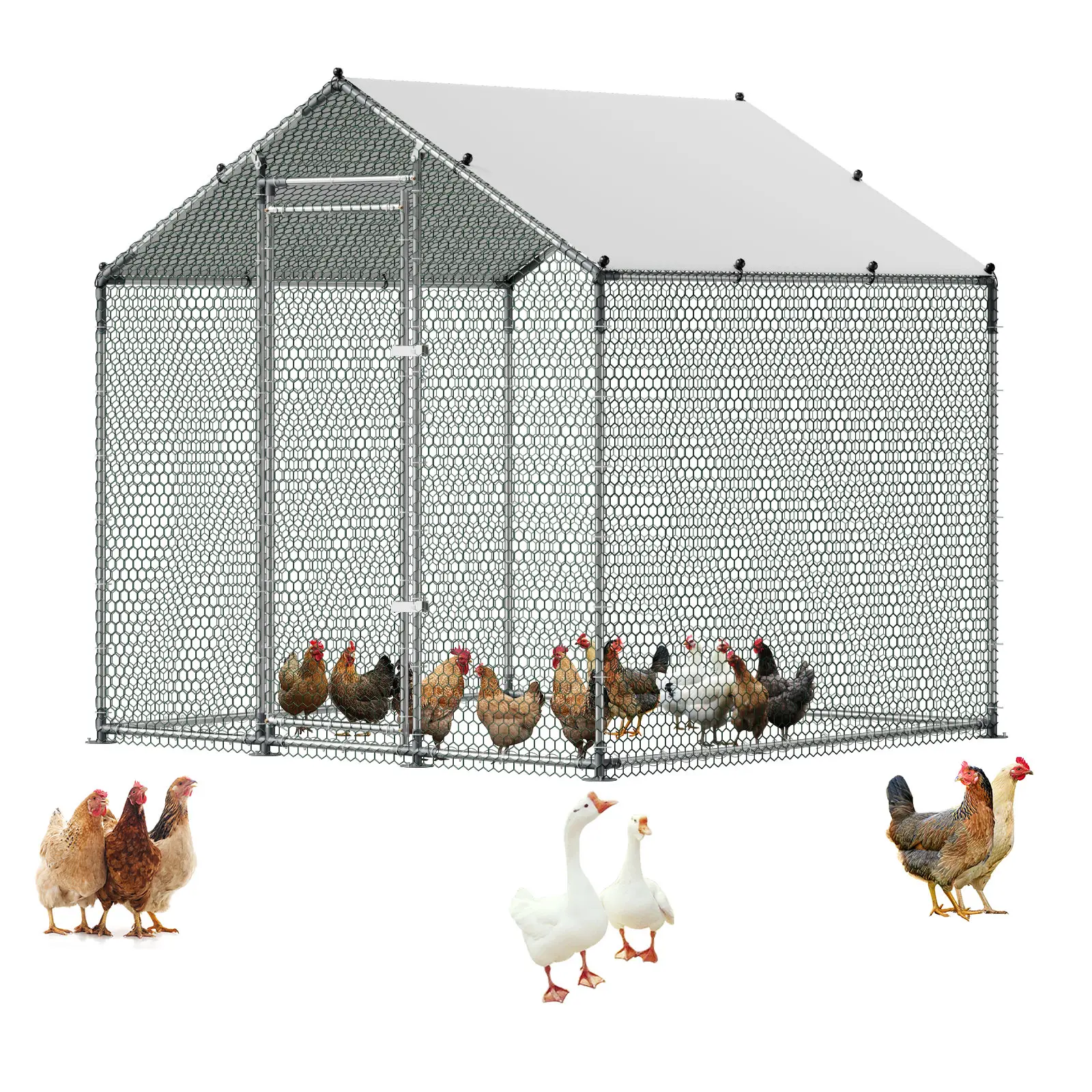 VEVOR Large Metal Chicken Coop 6.6x6.6x6.6 ft Walk-in Chicken Run House, Spire Roof Hen House Enclosure with Cover and Security Lock, Outdoor Duck Rabbit Cage Poultry Pen for Backyard, Farm, Yard