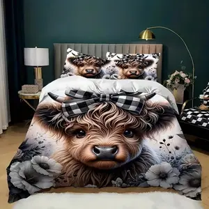 3pc Highland Cow Bedding Set, Decorative Bedding Set, including 1 duvet cover and 2 pillowcases, without core, suitable for multiple sizes, bedrooms, dormitories, guest rooms, hotel apartments, Soft Bedding Sets