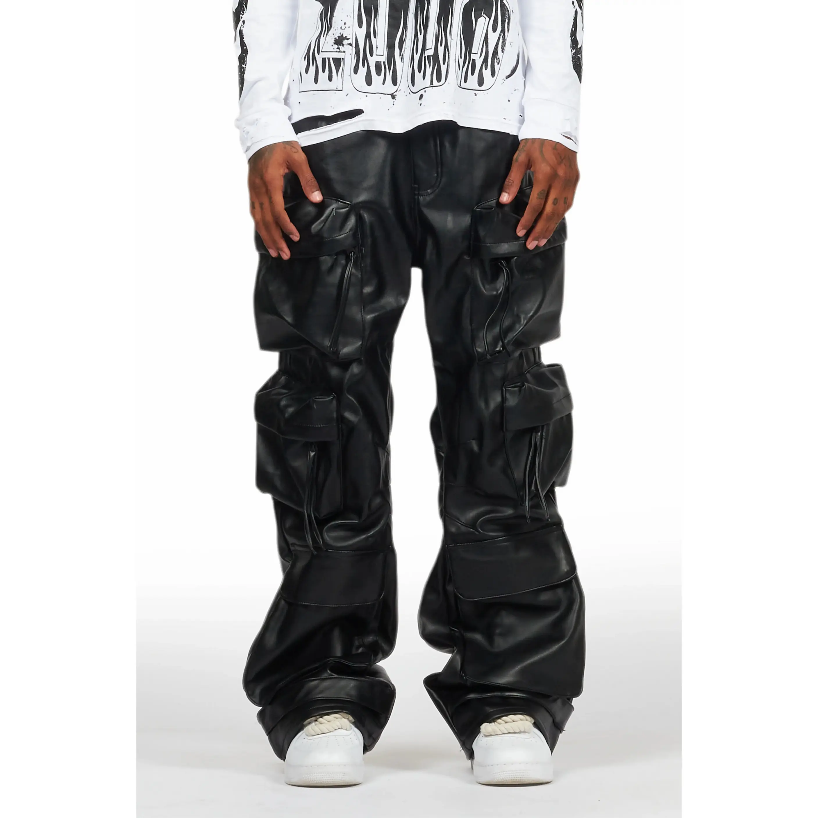 Lenz Black PU Stacked Leather Jean